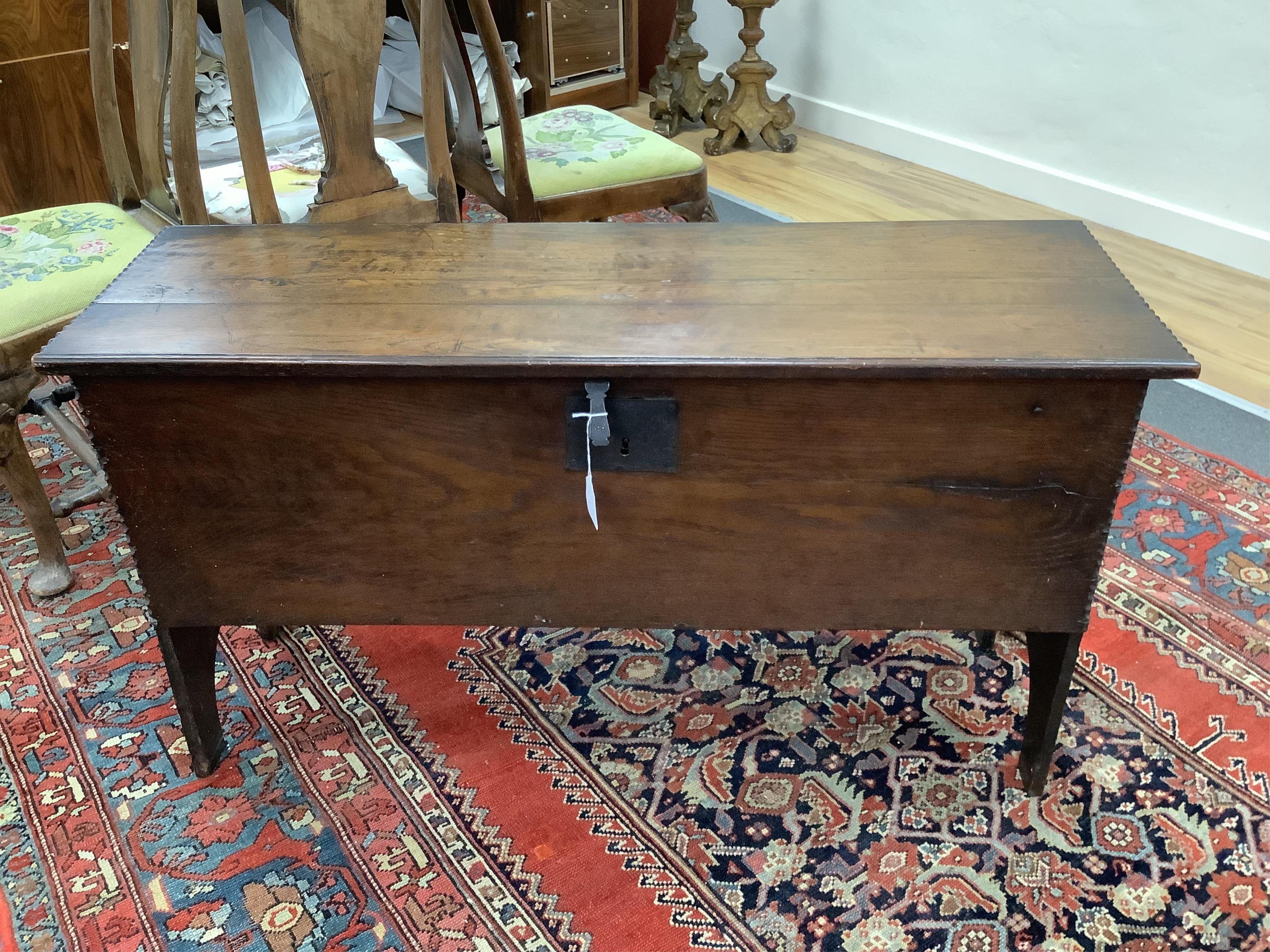 An 18th century oak six plank coffer, width 109cm, depth 37cm, height 61cm. Condition - fair